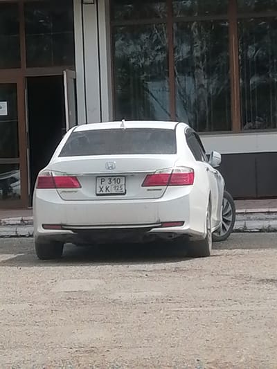 A white Honda Accord sedan is parked on a gravel surface in front of a building with large glass windows. The car's license plate is visible and reads "P 310 XK 125". The building appears to be an office or commercial space, with a dark-colored door on the left side of the frame that is slightly ajar. The windows of the building are reflecting the surrounding trees. The sky is not visible in the frame. The car is facing away from the viewer. The image appears to have been taken during the daytime. The location is identified as Lesozavodsk, Russia.