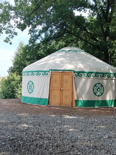In Blokhino, Russia, a traditional yurt stands nestled amongst trees. The yurt's exterior is primarily white with green decorative patterns, including a repeating wave motif near the top and circular designs on the sides. A pair of light brown wooden doors, also adorned with carved circular patterns, are centered on the front of the yurt. The ground around the yurt is covered in grey gravel. Lush green trees, including a large oak tree with visible branches and foliage, provide a backdrop and dappled shade over the scene. The sky is visible through the leaves, appearing partly cloudy.