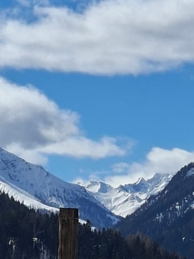 This image presents an alpine landscape, identified as being in the vicinity of Davos, Switzerland. The foreground is occupied by a vertical, weathered wooden post positioned centrally, extending upwards from the bottom edge of the frame. No individuals are present in the scene, nor are any actions or interactions depicted.

The midground features dense evergreen forests, primarily coniferous trees, covering the lower and mid-slopes of the mountains on both the left and right sides, forming a visible valley or pass. Patches of snow are interspersed within these forested areas.

The background is dominated by rugged, snow-capped mountain ranges under a bright blue sky. The peaks and upper slopes are extensively covered in white snow, with some exposed rock formations visible. The mountains recede into the distance, suggesting a deep valley. The sky contains scattered white cumulus clouds, with a prominent, elongated cloud band horizontally traversing the upper third of the frame. The overall lighting suggests natural daylight conditions.