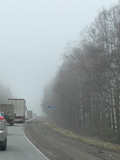 The image, originally rotated 90 degrees counter-clockwise, depicts a road scene enveloped in dense fog, significantly reducing visibility. The perspective is from within a vehicle, looking ahead at a line of traffic on a wet, asphalt road.

On the right side of the frame, the road features a white solid line along its edge, next to a dark, unpaved shoulder or verge strewn with dirt and sparse, dry grass. A dense stand of trees, characterized by their bare, intricate branches and lighter trunks (suggesting birches), lines the roadside, their forms softened and diffused by the heavy mist.

Several vehicles are visible in the midground and foreground, appearing to be in a queue or moving slowly due to the conditions. These include at least two large trucks or trailers with reflective or metallic box sections, and the rear of a silver car occupies the immediate foreground. The brake lights of some vehicles are dimly discernible through the fog.

On the left side of the road, a blue rectangular road sign is partially obscured by the fog and tree branches. Closer inspection reveals text in Cyrillic, identifying geographical details. The legible text includes "Удмуртская республика" (Udmurt Republic), "Завьяловский район" (Zavyalovsky District), and "Болгуры" (Bolgury), consistent with the provided location context.

The weather is characterized by heavy fog and damp conditions, indicated by the wet road surface and the general haziness. The bare trees suggest the time of year is late autumn, winter, or early spring. The overall atmosphere is somber and muted, conveying a sense of caution due to the limited visibility. No individuals are explicitly visible, but their presence is implied as drivers of the vehicles.