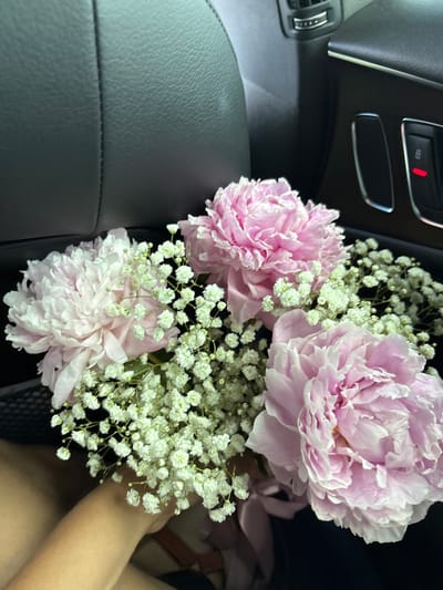 This media file shows a bouquet of pink peonies and white baby's breath flowers. The flowers are arranged in a way that suggests they are being transported, possibly in a car. The background reveals a portion of a car's interior, including dark leather seats and dashboard elements with buttons and vents. One button on the dashboard has a red indicator light illuminated. A person's arm and shoulder are visible on the right side of the frame, suggesting they are holding or near the bouquet. The overall lighting and shadows hint that it might be daytime, but the specific time is not definitively discernible. The image is taken from a close-up perspective, focusing on the textures of the flowers and the car's interior. There is no visible text in the image. The context provided places the scene in Mierzęcice, Poland.