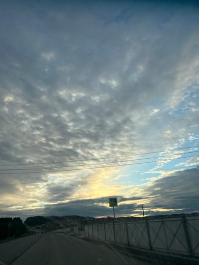 The image depicts a partly cloudy sky, possibly at dusk or dawn, in Protasy, Russia. Power lines run vertically through the center of the frame. A yellow pedestrian crossing sign is visible on the right side of the image, next to a fence. Beyond the fence, a road is visible, flanked by trees and buildings.