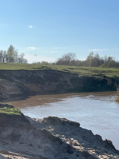 The image depicts a river flowing between a high cliff and a grassy bank. The river water is murky brown. The cliff face is composed of layered rock, showing signs of erosion. Vegetation, primarily grass and sparse trees, grows on top of the cliff. The sky is clear and blue, with a few scattered clouds. The image captures a natural scene in a rural or semi-rural area. There is no information about the location in the city of Voronino, Russia in the image.