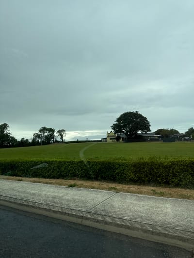 The image depicts a slightly overcast day with a grey sky. In the foreground, a paved sidewalk runs parallel to a road, separated by a low, dense green hedge. Beyond the hedge lies a vast, manicured green field. A curved pathway, possibly mowed into the grass, is visible traversing the field.
In the middle ground of the field, several trees are scattered, with a particularly large, dark green tree dominating the right side of the frame. Behind the trees, a cluster of buildings with yellow and dark-colored roofs is visible. Some of these structures appear to be low-lying, while others are taller. There are also what look like fencing or enclosures in the background. The overall impression is of a rural or semi-rural setting, possibly a farm or a park.
The photograph is taken from a slightly elevated perspective, suggesting the photographer may be in a vehicle or on a raised platform. The lighting is diffused, typical of a cloudy day, with no harsh shadows. The scene is serene and devoid of any human activity. The location is identified as Gorey, Ireland.