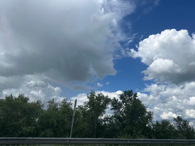 The image captures a natural outdoor scene dominated by a dynamic sky with a mix of dark, heavy clouds and bright white cumulus formations against a clear blue sky. Below the sky is a dense line of dark green trees, with some lighter-colored branches and foliage visible. A metallic guardrail runs horizontally across the bottom of the frame, suggesting a roadside or elevated viewpoint. A vertical pole with a circular sign is partially visible on the left side of the image, obscuring some of the trees. The lighting suggests it is daytime, with the sun intermittently breaking through the clouds, creating varying degrees of brightness across the scene. The overall mood is one of a partly cloudy day, possibly with a storm approaching or just passed. There is no visible text in the image.