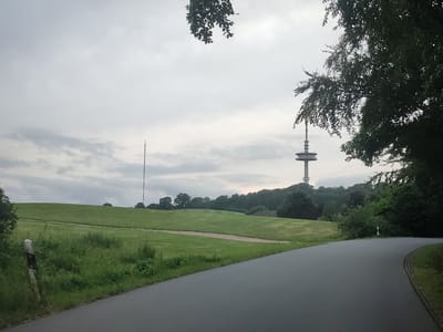 This image captures a view of the Schönwalde am Bungsberg, Germany. In the foreground, a paved road curves to the right. On the left side of the road, a small wooden post with reflective markers stands amidst tall green grass and foliage. Beyond the road and grass, a gently sloping green field extends into the middle ground. In the distance, a line of trees forms a treeline across the horizon. Two tall communication towers are visible against the cloudy sky; one is a thinner, lattice tower to the left, and the other is a more substantial tower with a platform, closer to the center and right of the image. The overall lighting suggests an overcast day.