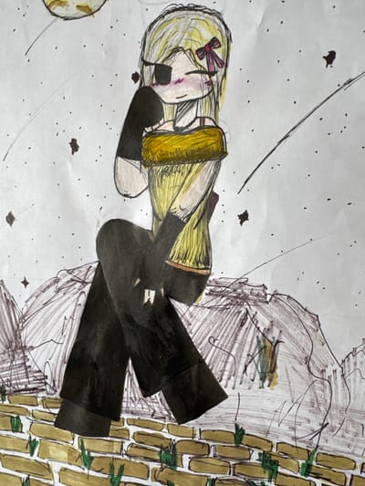 A hand-drawn illustration depicts a blonde anime-style character with an eyepatch and a pink bow in her hair. She is wearing a yellow off-the-shoulder top, black gloves, and black pants. The character is sitting with her legs crossed on a textured surface that resembles a rocky outcrop or a pile of fabric. Below this, a brick wall with green accents is visible. The background is white and sparsely decorated with small black dots and a yellow circle, possibly representing a moon or planet. There are also thin, curved lines in black, suggesting movement or streaks across the sky. The overall style is simplistic, with visible crayon or marker lines. There is no discernible connection to the city of Kārsava, Latvia, as the drawing is abstract and lacks any specific geographical or architectural details.