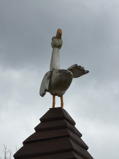 A low-angle, oblique perspective photograph shows a weathered, painted wooden goose sculpture with outstretched wings atop a tiered, brown wooden structure. The goose has a white neck and body, grey wings, and a tan beak. The structure is composed of stacked wooden pieces arranged in a stair-step pattern. The background is a cloudy grey sky. This image is not from Olingen, Luxembourg, but from another location.