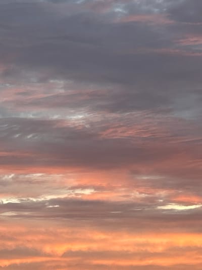 The image is a vertical, full-frame, close-up shot of a sky filled with dramatic clouds at sunset. The clouds exhibit a gradient of colors, starting with a deep purple-gray at the top, transitioning through hues of pink and lavender in the middle, and culminating in vibrant oranges and yellows at the bottom. The texture of the clouds is varied, with some appearing wispy and thin, while others are denser and more textured. There are no visible landmarks or man-made structures in the image, nor are there any people or animals. The focus is entirely on the atmospheric display. The scene depicts a natural phenomenon, with no specific indication of location within Appany, Russia, other than the implied sky.