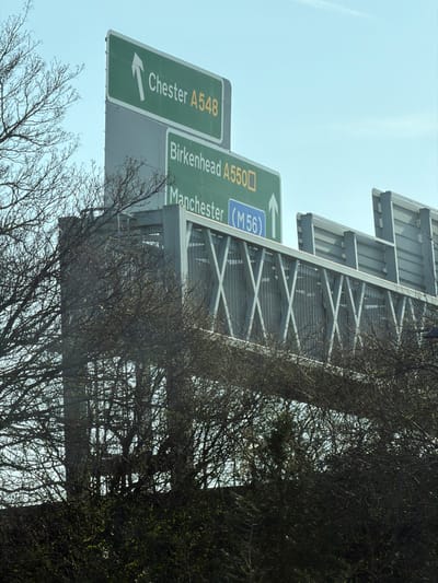 A metal overhead gantry, situated in an outdoor environment likely near Garden City, Flintshire, United Kingdom, supports three stacked green directional road signs against a clear, pale blue sky. The uppermost sign, with a white upward arrow, reads "Chester A548". The middle sign, also with a white upward arrow, indicates "Birkenhead A550". The bottom sign, featuring a white upward arrow, displays "Manchester (M56)", with "M56" enclosed in a blue rectangle. The gantry structure is constructed from light grey metal, exhibiting visible X-patterned bracing along its horizontal span and vertical supports. The lower sections of the gantry and its columns are partially obscured by dense, leafless deciduous trees and shrubs, suggesting a late autumn, winter, or early spring season. No individuals, vehicles, or dynamic actions are depicted. The scene is illuminated by natural daylight.