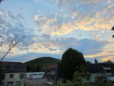 The image depicts a residential area in Höxter, Germany, at dusk. The sky is filled with scattered clouds illuminated by the setting sun, casting warm hues of yellow and orange. In the foreground, a large, dark green tree dominates the right side of the frame. To the left, a multi-story building with a dark tiled roof and dormer windows is visible. Adjacent to it, a building with a red and black facade and several windows with red frames stands out. Further in the background, a densely wooded hill rises, characteristic of the landscape surrounding Höxter. The scene appears quiet and still, with no visible people or ongoing activities. The overall impression is a peaceful evening in a suburban setting.
