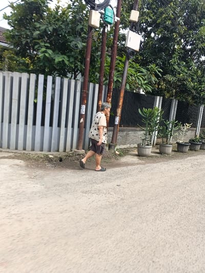 A daytime image captured in Cangkuang Kulon, Indonesia, depicts an elderly individual walking on a dirt verge adjacent to a grey, lightly paved road. The individual, an elder with short grey hair, wears a light-colored short-sleeved shirt with a dark floral pattern, dark shorts, and dark slip-on sandals. They are in profile, moving from left to right across the mid-ground, with their head turned slightly to the right.

Behind the person, three rusty brown utility poles rise vertically, fitted with light-colored rectangular boxes, a green rectangular box, and coiled dark cabling. White stickers with black text are present on the lower sections of these poles. A light grey vertical slatted fence forms a boundary behind the poles on the left, transitioning to a darker vertical slatted fence further to the right. A row of at least five dark-potted plants, featuring green succulent-like vegetation, lines the edge of the property on the right side of the frame. Dense green foliage and the roofline of a residential building are visible in the background, above and behind the fences and poles. The road surface in the foreground and mid-ground is a textured grey, showing some darker, possibly damp, patches.