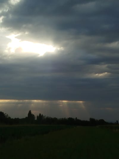 The image depicts a dramatic sky over a rural landscape. Dark, ominous clouds dominate the upper portion of the frame, with a bright, sunlit patch breaking through them near the center. Rays of light pierce through the lower clouds, creating a ethereal effect over a distant treeline and fields. The foreground is a dark, shadowed field. There are no people or discernible structures in the image, suggesting a natural, undeveloped environment. The scene is not identifiable as being in Aravan, Kyrgyzstan, as there are no specific landmarks or cultural elements to indicate this location. The overall impression is one of a powerful, natural phenomenon occurring over a quiet, rural setting.