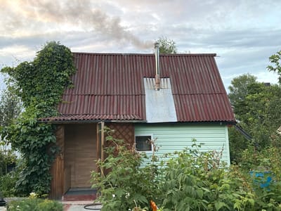 The image depicts a small, light green clapboard house with a weathered, reddish-brown corrugated metal roof. A metal chimney protrudes from the roof, emitting a visible plume of grey smoke. Lush green vegetation, including what appears to be a large vine, climbs the side of the house and surrounds it, obscuring parts of the structure. A wooden porch or entryway is visible on the left side of the house, with an open doorway. A small, white-framed window is present on the green clapboard section of the house. The overall scene is one of a rustic dwelling set within a garden or overgrown yard. The sky is overcast with scattered clouds. The location is specified as Medvedchikova, Russia.