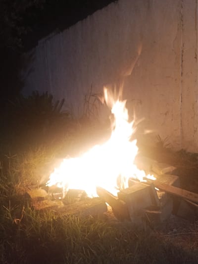 A bonfire blazes against a dark, textured wall, casting an orange glow on the surrounding grass. Flames reach upward, illuminating wooden planks and debris within the fire pit. Sparse plants are silhouetted near the wall. The setting suggests nighttime, with the fire serving as the primary light source.