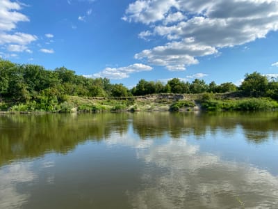 The image depicts a wide river flowing through a natural landscape. The river occupies the lower half of the frame, with its surface reflecting the blue sky and white, fluffy clouds above. The water appears calm, with subtle ripples. The opposite bank of the river is lined with lush green trees and vegetation, suggesting a wooded area. The sky is a vibrant blue, dotted with cumulus clouds. The scene evokes a sense of tranquility and natural beauty. The location is identified as Besplemyanovskii, Russia. There are no people or man-made structures visible in the image.