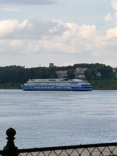 A wide, blue and white passenger ship with multiple decks travels across a calm, blue body of water. The ship has numerous windows and a white superstructure. In the background, a lush green, tree-covered embankment rises, dotted with buildings of varying sizes and architectural styles. Several tall, narrow structures, possibly towers or smokestacks, are visible on the skyline. The sky above is partly cloudy with a few scattered white clouds against a light blue background. A black metal fence with a decorative post is visible in the foreground, partially obscuring the water. The scene appears to be captured from a distance, likely from another boat or the shore. The location is identified as Chelganovo, Russia.
