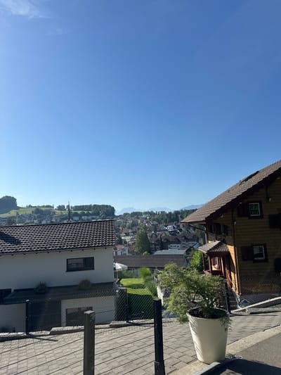 The image depicts a residential area in Wald (ZH), Switzerland, on a clear, sunny day. The foreground features a paved walkway with a fence to the left, separating it from a white house with a dark-tiled roof. To the right, a portion of a wooden house with a similarly dark-tiled roof is visible, along with a large white pot containing a bonsai tree. In the mid-ground, a sprawling view of the town unfolds, with numerous houses, trees, and a church steeple with a clock. The background showcases rolling green hills dotted with more buildings, and in the distance, hazy mountain ranges are discernible against the bright blue sky. There are no people or animals visible in the scene, and the environment appears to be a well-maintained residential hillside.