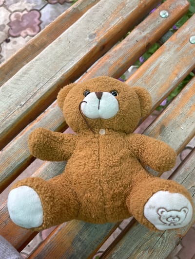 A brown teddy bear is lying on a wooden bench. The bear is positioned on its back with its arms and legs splayed out. It has a light-colored muzzle with embroidered features and black eyes. The bear's paws also have light-colored patches. The bench is made of weathered wooden slats, with visible nails and grain. The background shows blurred greenery and some decorative paving stones. The lighting suggests it is daytime, and the overall scene appears to be outdoors, possibly in a garden or park. There is no visible text in the image.