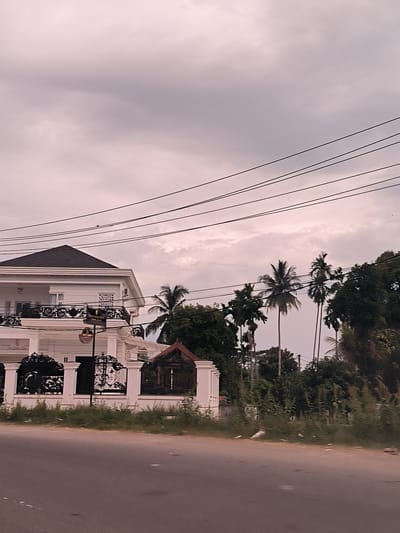 The image presents a street view in Keudetanjong, Indonesia, under an overcast sky. A prominent, large, white multi-story house with a dark, possibly black, hip roof dominates the left side of the frame. The house features an ornate black wrought-iron balcony on its upper level and a matching decorative black fence and gates, supported by white pillars, enclosing the property.
In the foreground, a dark asphalt road runs across the bottom of the image, bordered by a strip of unkempt green vegetation leading up to the house's fence. To the right of the house and extending into the background, a dense assortment of tropical foliage is visible, including several tall palm trees with slender trunks and leafy crowns.
The sky is cloudy, exhibiting soft gray and pinkish tones, suggesting an overcast day, potentially in the late afternoon or early morning. Several black utility lines stretch diagonally across the upper portion of the image. A small, light-colored speck, possibly a bird, is faintly visible against the sky above the house.
Near the house's gate, a circular sign is attached to a pole. Although much of the text is indistinct, it clearly displays "RED BEAN" and features a coffee cup logo, indicating it's likely a cafe. Below the English text, there appears to be additional text in a local language, possibly "Cafe Sumber Indah." The scene is static, devoid of people or direct activity, offering a quiet glimpse of a residential area with tropical characteristics.