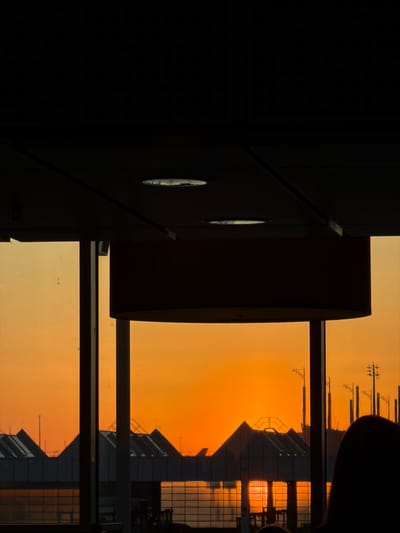 This image captures a high-contrast, silhouetted view from an interior space looking out over an airport terminal at sunset or sunrise, located at Munich Airport (MUC) in Oberding, Germany.
The upper portion of the frame features a dark, paneled ceiling with two recessed circular lights reflecting ambient light. A large, dark, cylindrical lampshade hangs centrally, partially obscuring the view. Dark vertical structural elements, consistent with window frames, divide the scene.
Beyond the window, a vibrant orange and yellow sky dominates the background. Silhouetted against this bright sky are multiple airport terminal buildings with distinctive peaked or ridged roofs. The glass facades of these structures reflect the low-angle sunlight, appearing as bright patches of orange. Numerous tall, slender poles or structures, possibly for lighting or communications, are visible extending upwards from the terminal area.
In the lower right foreground, the dark silhouette of a person's head and shoulder is partially visible, indicating an observer within the interior space. The overall environment suggests a waiting area or lounge within the airport.