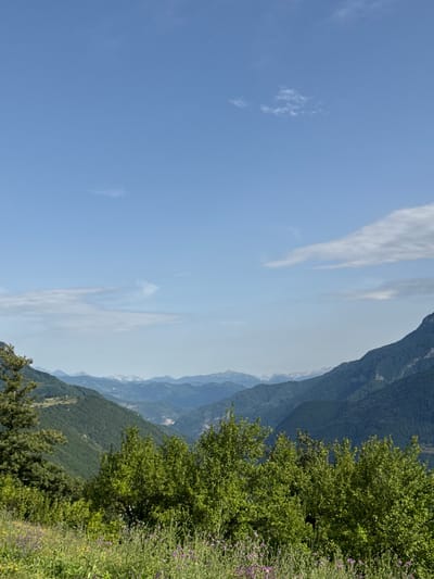 The image depicts a sweeping vista of mountainous terrain under a clear blue sky with scattered white clouds. In the foreground, lush green vegetation and wildflowers create a vibrant, natural border. Beyond this, rolling hills covered in dense forests recede into the distance, revealing layers of mountains that fade into a hazy blue. The overall impression is one of a serene and natural landscape. The image is taken from a vantage point in Redice, Montenegro.