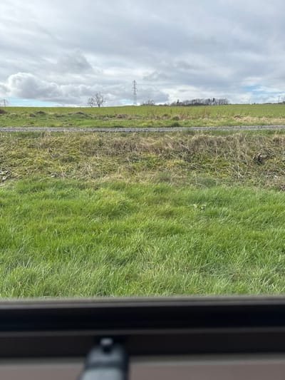 The image presents a static view of a rural landscape, observed through the lower portion of an out-of-focus dark window frame or sill. The immediate foreground consists of vibrant green grass, transitioning to a strip of dry, lighter green and brown vegetation. A narrow, unpaved track, appearing to be dirt or gravel, runs horizontally across the mid-ground. Beyond the track lies a large field of cultivated green vegetation, gently rising towards the horizon. In the background, under a partly cloudy sky showing patches of blue, a solitary bare tree is visible on the left side of the horizon. Centrally positioned in the background is a lattice-steel electricity pylon with associated power lines extending horizontally. To the right of the pylon, a dense line of mixed deciduous and evergreen trees marks the distant edge of the field. No individuals or animals are present, and no actions or interactions are depicted. This scene is located in Fowlis Easter, United Kingdom.