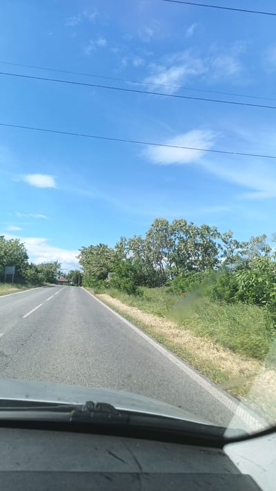 The image shows a road view from inside a vehicle, likely a car, traveling on a rural road. The road is asphalt and has a white line marking the edge. On either side of the road is green vegetation, including trees and grassy areas. The sky is blue with scattered white clouds. Overhead are several power lines. Based on the file name of the original image, the location is likely Seltsi, Bulgaria, though visual cues confirm the rural setting. The vehicle's dashboard and windshield, including the windshield wipers, are visible in the foreground. There are no people visible. The focus is on the road ahead and the surrounding natural environment.