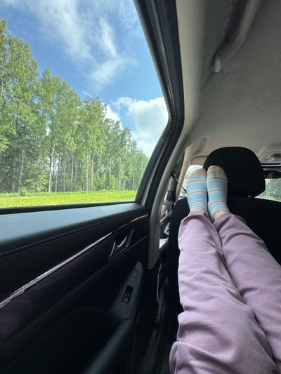An interior view from a moving vehicle shows a person's legs extended forward, wearing light purple pants and blue and white striped socks. The legs rest against a black car seat. Outside the car window, a bright green field of grass is visible, bordered by a dense forest of tall, slender trees with light green foliage under a partly cloudy blue sky. The interior of the car features a black door panel with chrome accents and a window control. The image is taken from a low angle, emphasizing the traveler's relaxed posture and the scenic view.