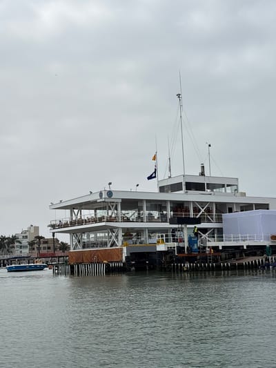 This image depicts a modern, multi-story ferry or cruise ship docked alongside a pier in La Punta, Peru. The ferry's white superstructure features large windows, balconies, and white railings. Several decks are visible, with some appearing to have seating areas. A light blue piece of equipment, possibly a generator or other machinery, is situated on one of the decks. A white tarp covers a section of the ship.
The pier itself is made of dark wood and is lined with pilings. A small blue boat is tied to the pier near the foreground, and other vessels are likely further down the dock. In the background, several buildings with beige and white facades and palm trees suggest a coastal urban environment. The water is calm with ripples.
The sky is overcast and a pale gray, indicating a cloudy day, possibly early morning or late afternoon given the diffused light. There is no discernible text in the image. The overall scene suggests routine operations for the ferry, likely preparing for departure or having just arrived. The absence of clear sunlight and the muted colors contribute to a somewhat subdued atmosphere.