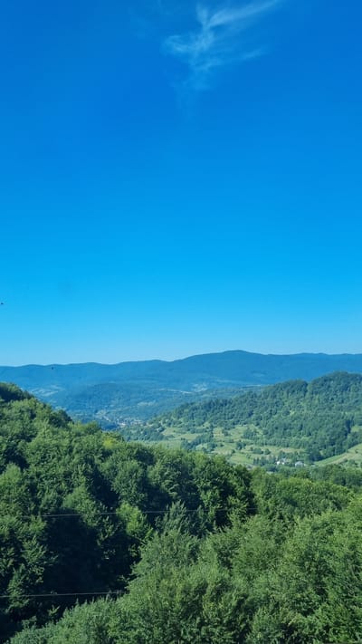 The image captures a sweeping panoramic view of a lush, green mountainous landscape under a clear, bright blue sky. The foreground is dominated by dense, verdant trees, with their foliage creating a textured, vibrant green carpet that slopes downwards. Two faint, dark horizontal lines, possibly wires or thin branches, are visible crisscrossing the lower part of the image through the trees. In the mid-ground, rolling hills covered in a mosaic of green fields and more trees recede into the distance. Scattered throughout these hills are small clusters of buildings, suggesting a rural settlement or village. The background features layered mountain ranges, progressively fading in color and detail as they stretch towards the horizon. A few wispy white clouds are present in the upper portion of the sky. The overall impression is one of a serene, natural environment, likely in a rural or mountainous region. The location is identified as Volosianka, Ukraine.