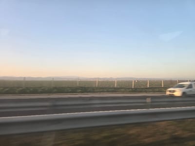 The image displays a panoramic roadside view, likely captured from a moving vehicle, situated in an area consistent with the vicinity of Diadovo, Bulgaria. The sky transitions from a pale blue at the zenith to a faint peach-orange near the horizon, indicating either early morning or late afternoon.
In the immediate foreground, a dark, indistinct area suggests the interior of the capturing vehicle. Below this, a multi-lane asphalt roadway is visible, featuring a metal guardrail separating the lanes closest to the viewer from the primary traffic lanes. White lane markings are present on the dark road surface, exhibiting motion blur.
A white van, heavily blurred horizontally by motion, is depicted traveling from right to left across the frame on the far lanes of the road. Its front section appears brightly illuminated. Beyond the roadway, a narrow strip of green grass precedes a large, flat agricultural field covered with green vegetation. This field is demarcated in the mid-distance by a fence line composed of regularly spaced, light-colored vertical posts.
In the background, a low, hazy line of distant hills or mountains is discernible, above which scattered points of light suggest a distant urban or semi-urban area. No individuals are visible.