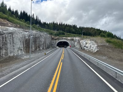 The image shows a two-lane asphalt road leading towards a tunnel entrance. The road has a white line on the right edge and a double yellow line marking the center. The tunnel is arched and constructed with stone. On either side of the road, there are steep, rocky slopes with some vegetation. A metal guardrail runs along the right side of the road. In the distance, a dense forest covers the hills. The sky is overcast with clouds. There are no people visible in the image.

This scene is located near Trofors, Norway, on the E6 highway, specifically at the entrance of the Svenningfjord tunnel. The tunnel is part of a road improvement project.