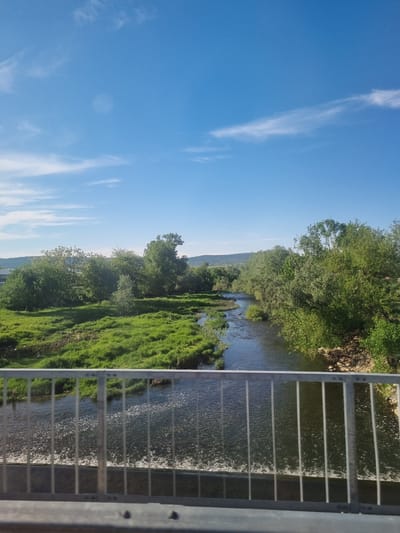 A river landscape with a view from a bridge in Zlataritsa, Bulgaria, is seen. The river flows between lush green banks dotted with trees and vegetation. The clear blue sky is marked with streaks of clouds. A grey metal bridge railing is visible in the foreground, partially obscuring the view of the water.