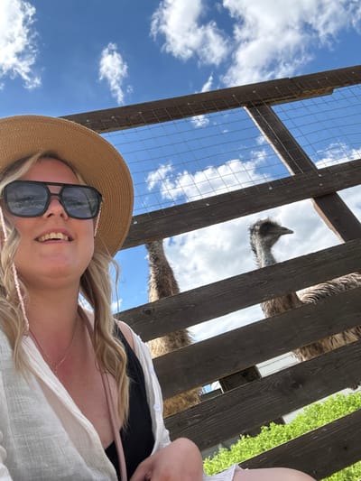 This image is a low-angle, tilted photograph of a woman interacting with large birds at an outdoor animal enclosure in Gay-Kodzor, Russia. The perspective is from below, looking upwards through a wooden fence with wire mesh.
In the immediate foreground, a blonde woman is captured smiling, looking directly towards the camera. She wears a straw hat and black sunglasses, with a light pink beaded necklace visible around her neck and long blonde hair framing her face. She is dressed in a loose white top over a black garment. Her mouth is open in a wide smile, showing her teeth, conveying a sense of joy or amusement.
Behind the woman and through the wooden fence, the heads and necks of at least two large birds, likely emus or ostriches, are visible against the sky. One bird's head, with shaggy grey feathers, is clearly seen looking downwards through a gap in the wooden planks. The feathery body and neck of another bird are partially visible further back.
The sky, bright blue with scattered white clouds, dominates the upper part of the image, particularly on the left. On the far right, vibrant green foliage can be seen through the fence, suggesting trees or bushes in the background. The scene is illuminated by bright daylight, indicating it is likely midday or afternoon. The photograph captures a casual and happy moment, possibly a selfie taken during a visit to a zoo, animal park, or farm. There is no visible text in the image.