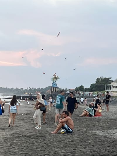 This is a vertical, eye-level, full-shot photograph of a beach with many people engaged in various activities. The scene appears to be a lively gathering on a sandy shore, possibly during a festival or event. Several kites are visible in the sky, suggesting kite flying is a prominent activity. Some kites are small and dark, while others are larger and more colorful, including one that resembles a character or statue, adorned with blue and gold.
The beach is populated by a diverse group of individuals, including men, women, and children. Many are casually dressed in beachwear such as shorts, t-shirts, and swimwear. Some are standing, walking, or interacting with each other. A group of people seem to be playing volleyball or a similar game on the sand, with one person in the foreground holding a volleyball. Others are sitting or crouching, observing the surroundings or participating in activities. In the background, a few buildings and lush greenery are visible, hinting at a coastal town or resort.
The time of day appears to be late afternoon or early evening, as the sky exhibits soft, pastel colors with hints of pink and orange, suggesting either sunrise or sunset. The weather seems pleasant, with clear skies except for a few scattered clouds where the kites are flying. The overall mood of the image is one of recreation and community, with a sense of joyful energy. There is no visible text in the image. The location context is North Kuta, Indonesia.