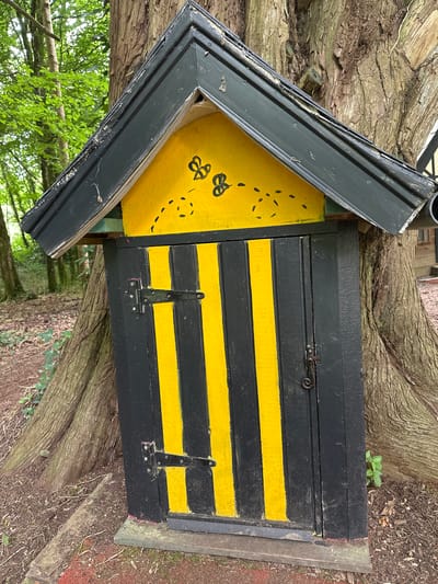 A small, dark green, gabled structure with a yellow front face, painted with black vertical stripes and two black bee silhouettes, is built against the trunk of a large tree. The structure has a dark green roof and a small, dark metal latch on its right side. The tree has rough, textured bark and is surrounded by leaf litter and sparse vegetation. The background shows a blurred image of a wooded area with green foliage and sunlight filtering through. The structure appears to be a miniature building, possibly a decorative item or a small enclosure. The scene is set in the townland of Ballycomar, County Kilkenny, Ireland.