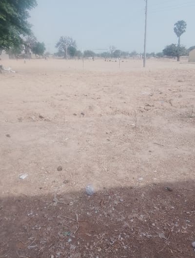The image depicts a dry, unpaved open field in Kanwa, Nigeria, serving as a rudimentary playing ground. The foreground consists of reddish-brown soil mixed with sparse dried vegetation, small stones, and scattered debris, including a crumpled plastic bag visible towards the bottom center. A pronounced shadow occupies the lower quarter of the frame, originating from an unseen object to the left.
In the midground, a white, rectangular metal soccer goal frame stands without a net. Multiple indistinct human figures, consistent with individuals playing or gathered, are observable further back on the field, particularly to the left of the goal. The ground across the field appears uniformly dusty and barren.
The background features several scattered trees, some appearing leafless or with sparse foliage, typical of a dry environment. A tall utility pole with overhead power lines is visible on the right side of the field, extending upwards into a pale, hazy sky. To the far right, a solitary, tall palm-like tree stands prominently. Distant, low-lying structures or dwellings are faintly discernible along the horizon. No specific actions or interactions between individuals are clearly identifiable due to distance and resolution.