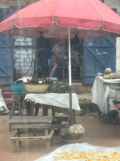 An outdoor market scene in Urualla, Nigeria, is depicted under a large red umbrella with white trim. A dark-skinned individual, wearing a patterned short-sleeved top, shorts, and a red head covering, is seated on a blue plastic chair in the background, actively peeling or preparing food items.
In the foreground, a white tarp on the unpaved, reddish-brown ground displays numerous dried corn cobs. To the right, a large, irregular, light-colored object, possibly a root vegetable, rests on a black metal wheel rim. The primary vendor display, located centrally, consists of a wooden table draped with a white cloth. On this table, a yellow, shallow bowl contains peeled root vegetables, and a pile of green, leaf-wrapped bundles are arranged to its right. To the left of the table, a light blue plastic basin and a red bowl are visible, positioned near a small wooden stool. The background features a building with two sets of closed blue wooden double-doors, separated by a window secured with white metal grates.