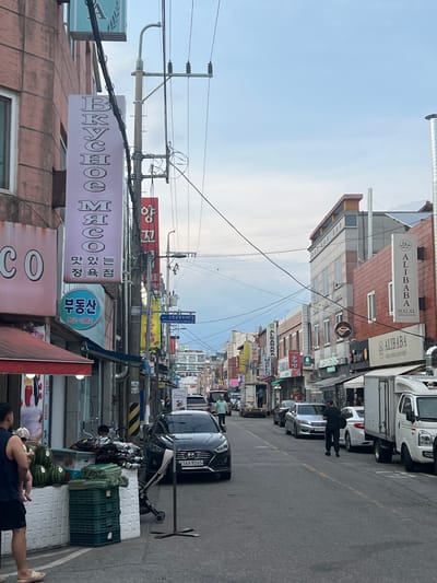 The image depicts a street scene in the city of Gwangju, South Korea, likely in a commercial or mixed-use area. The perspective is from the street, looking down a moderately wide road lined with multi-story buildings. The sky is overcast, suggesting a cloudy day.

Several signs are visible on the buildings, indicating various businesses. One prominent sign, written in Cyrillic letters and Korean, reads "ВКУСНОЕ МЕСТО" which translates to "Tasty Place" in Russian, followed by Korean text "맛있는 정육점" meaning "Delicious Butcher Shop." Below this, a blue sign with Korean text "부동산" (Real Estate) and a phone number "952-1882" is displayed. Further down the street, signs for "ALIBABA HALAL CENTRAL ASIAN CUISINE" are visible.

Vehicles are present on the street, including several cars and trucks. A black Hyundai Sonata with license plate "16M 9265" is parked on the right side of the road. A white delivery truck is parked further ahead. People are also visible: a man holding a child is standing near a stall on the left, and another person is walking on the sidewalk in the distance. In the middle of the road, a person in dark clothing is walking away from the camera.

The environment appears to be an urban setting with overhead electrical wires and street lights. The buildings are a mix of brick and concrete structures. On the left side, a market stall is set up with watermelons and green crates. The overall impression is of a bustling street with businesses and pedestrian activity.