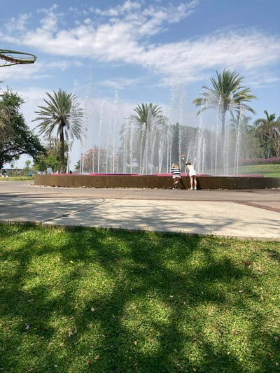A daytime scene showing a fountain and sidewalk adjacent to a grassy area with trees under a sky with some clouds. Two people stand at the edge of the fountain, one in a white top and the other in a black and white striped top. Palm trees are behind the fountain, and a roller coaster can be seen in the distance, partially obstructed by the trees. The location may be in Tehuixtla, Mexico.