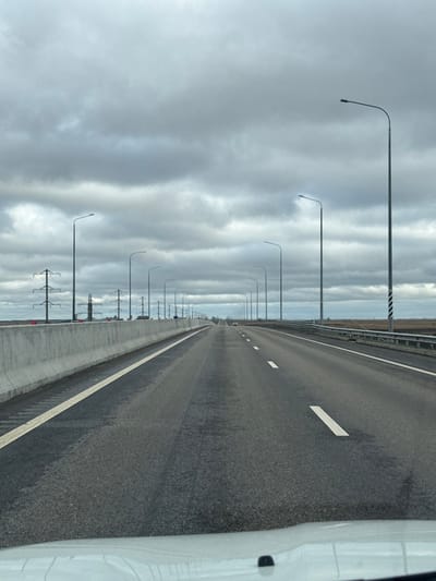 The scene depicts a straight, multi-lane asphalt highway on an overcast day in the city of Varenikovskaya, Russia. The perspective is forward-facing from within a white vehicle, a portion of its dashboard or hood visible at the bottom of the frame. The sky is uniformly grey with heavy cloud cover.
The highway features three visible lanes of travel marked by white dashed lines, with a solid white line defining the left shoulder. A low, light grey concrete barrier runs along the left side of the road, behind which multiple tall, lattice-structured power pylons and utility poles are visible extending into the distance. The terrain beyond the barrier appears flat and undeveloped.
On the right side of the highway, a metal guardrail separates the road from a flat, expansive, brownish field that stretches to the horizon. A continuous line of tall, dark grey streetlights with curved arms extends along both sides of the highway as far as the eye can see, converging in the distance. One streetlight pole on the right side exhibits black and white striped markings near its base. Several small, unidentifiable vehicles are faintly visible far down the road. No individuals are discernible in the image.