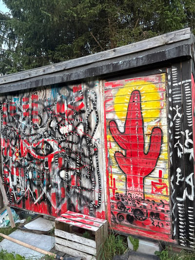 The image shows a shed with graffiti on its exterior walls. The shed is located outdoors, with a tree visible in the background. The graffiti features a large red cactus against a yellow sun on the right side of the shed. The left side of the shed is covered in a more abstract and chaotic graffiti in red, black, and white. In front of the shed, there is a wooden crate and some gardening tools. The environment appears to be somewhat overgrown with grass. No people are visible in the image.