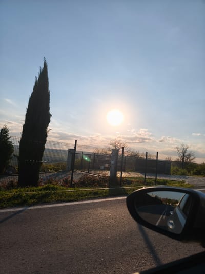 The image captures a sunny outdoor scene, likely taken from inside a moving vehicle. The focus is on a roadside view, featuring a black asphalt road with a white line marking the edge. Beyond the road, there is a grassy verge, followed by a metal wire fence enclosing a property. The fence appears to border a landscaped area with trees, including a tall, thin cypress-like tree. In the background, the sun shines brightly, partially obscured by clouds. A side mirror of the vehicle is visible in the lower right corner of the frame, reflecting the road and the side of the car. The location is Zdravets, Bulgaria, evident from metadata not provided.