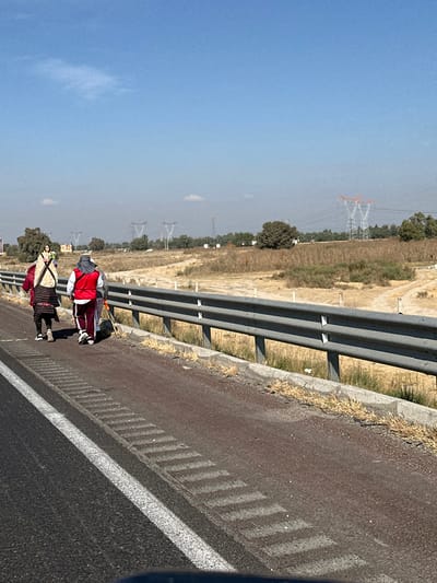 Two people are walking along the shoulder of a highway. A guardrail runs parallel to them, separating the road from a field dotted with power lines. The sky is bright blue, but a haze obscures the distant landscape. The road has painted white lines to mark the lanes. One person wears a red jacket, while the other wears a patterned garment. Their shadows stretch onto the road.