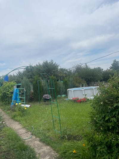 A wide shot captures a backyard in the village of Raslovka 1-Ya, Russia, on an overcast day. The scene is dominated by lush green grass and a variety of trees and bushes. In the center of the frame, a rectangular above-ground swimming pool with a ladder is visible, surrounded by a low flowerbed of red and pink blooms. To the left, a green metal archway stands, with a blue tarp draped over a pole behind it. A single yellow rose bush with several blooms is positioned near the base of the archway. A narrow, light-colored path made of concrete or gravel runs along the bottom left of the image, disappearing into the greenery. A dark gray chair with a cushion sits on the grass near the archway. A thin electrical wire stretches across the upper right portion of the image. The overall impression is that of a well-used, slightly overgrown garden.