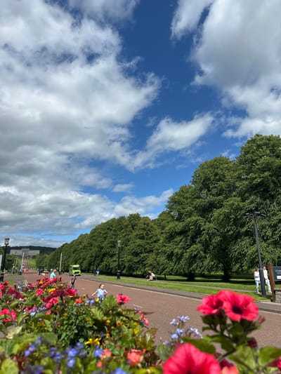 The image depicts the grounds of Stormont Estate in Belfast, United Kingdom. The foreground is filled with a vibrant array of red, pink, blue, and yellow flowers. Beyond the flowers, a road stretches into the distance, lined by a dense row of mature green trees on the right. On the left side of the road, a large, white building with a classical architectural style, identifiable as Stormont Castle, is visible at the top of a long, sloping lawn. Several people are present in the scene, including a young girl running on the road, a person walking a dog, and individuals sitting on a bench. A bright green van is parked on the road. The sky above is a vivid blue, interspersed with scattered white clouds, indicating fair weather. The overall scene captures a sunny day in a well-maintained park-like setting with a prominent governmental building.