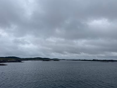 The image depicts a serene seascape with a body of water in the foreground and a slightly undulating, hilly coastline in the background. The sky is overcast with a thick layer of grey clouds, suggesting a muted and possibly cool atmosphere. The water exhibits small ripples, indicating a gentle breeze or calm conditions. Along the coastline, there are areas of lush green vegetation interspersed with darker, rocky outcrops. Some scattered structures, possibly houses or farm buildings, are visible on the hillsides, hinting at a sparsely populated coastal region. The overall impression is one of natural beauty and tranquility, characteristic of a Northern European coastal landscape. The location is identified as Sleneset, Norway.