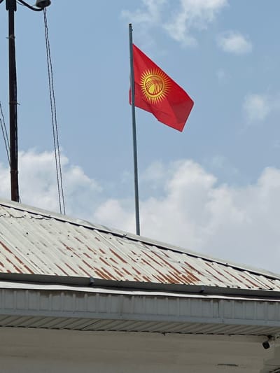 A Kyrgyz flag is flown on a flagpole against a blue sky with scattered clouds. The flag is red with a yellow symbol in the center. The flagpole is to the right of a dark pole with wires attached. In the foreground, the corrugated metal roof of a building is visible, showing signs of rust and age. The roof is angled, with a gray fascia below it. The overall scene appears to be outdoors, possibly in an urban or semi-urban setting.