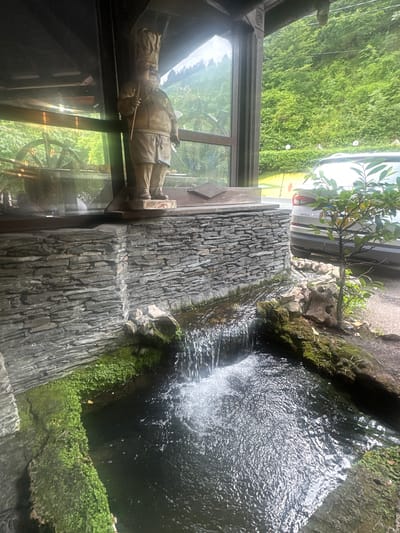 The image depicts an outdoor scene featuring a stone fountain with water cascading into a pool. A statue of a chef holding a rod stands behind the fountain. The fountain is adorned with moss and greenery. In the background, a silver car is parked. The environment is lush with green trees and vegetation, suggesting a natural or semi-natural setting. The image quality is slightly blurry, likely due to movement or lighting conditions. The scene appears to be located in Jelačići, Bosnia and Herzegovina, a mountainous region known for its natural beauty and rustic charm.